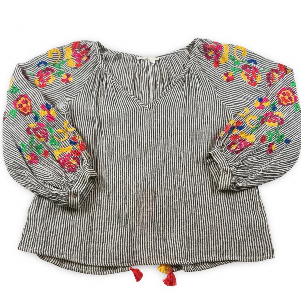 Floreat Anthropologie Striped Embroidered Tassel Blouse Black White XS